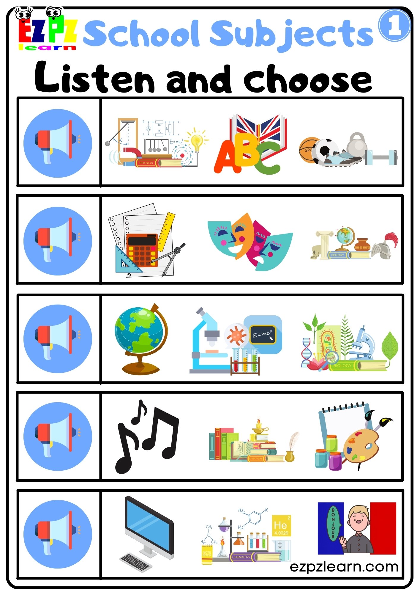 School Subjects Interactive Worksheet Listen and Choose the Correct